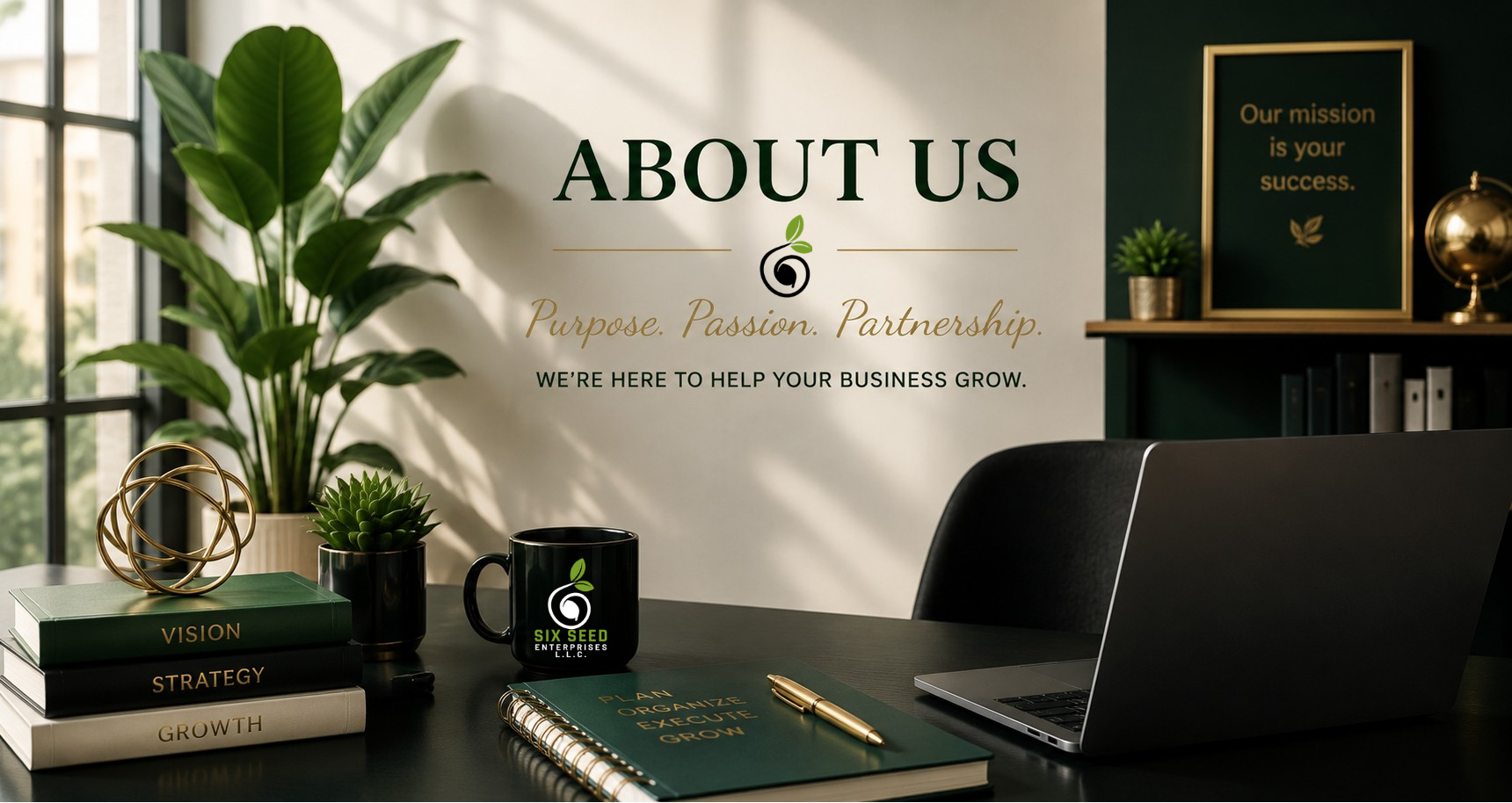 Elegant green and gold office representing Six Seed Enterprises, LLC.