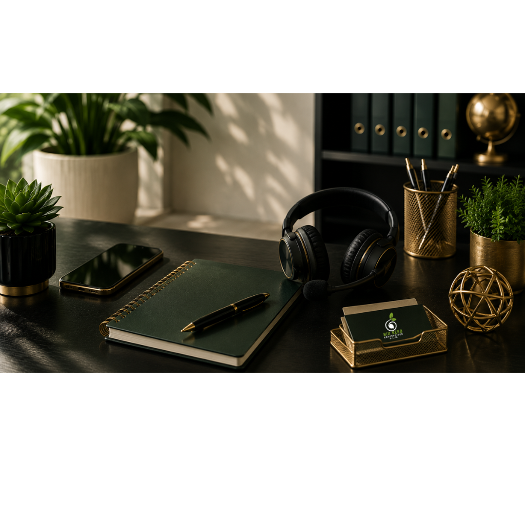 Professional communication workspace with smartphone, headset, notebook, keyboard, business cards, greenery, and elegant decor