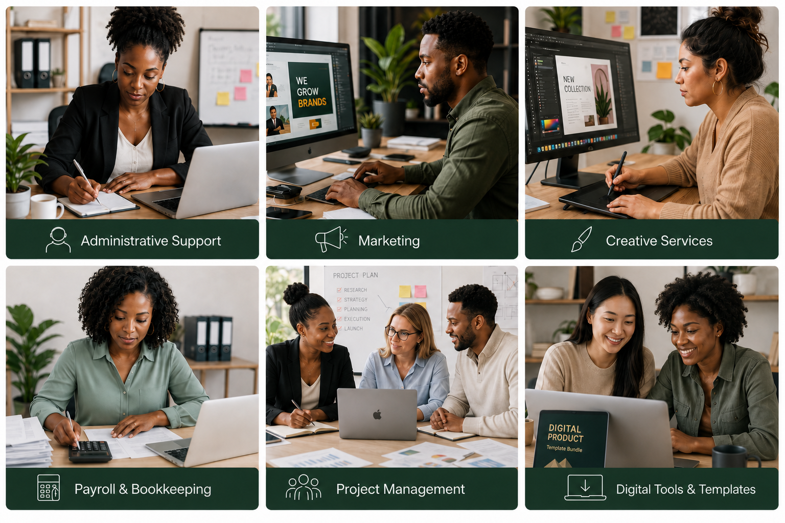 Six Seed service areas shown in professional business scenes