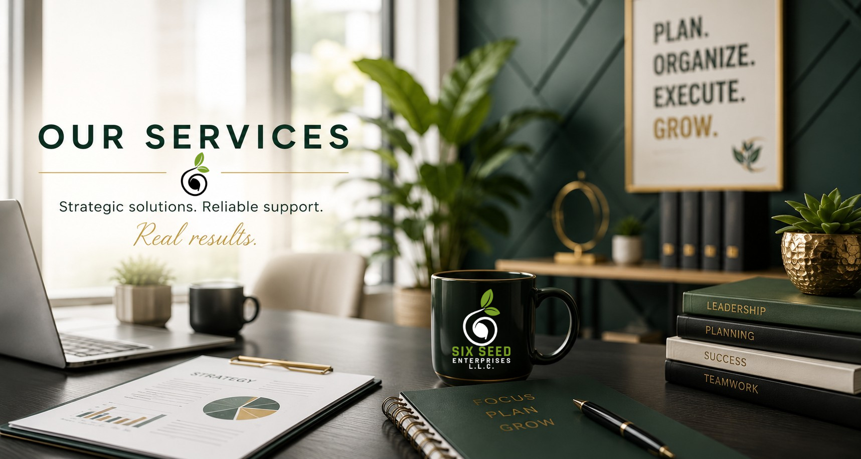 Modern executive office with Six Seed services theme